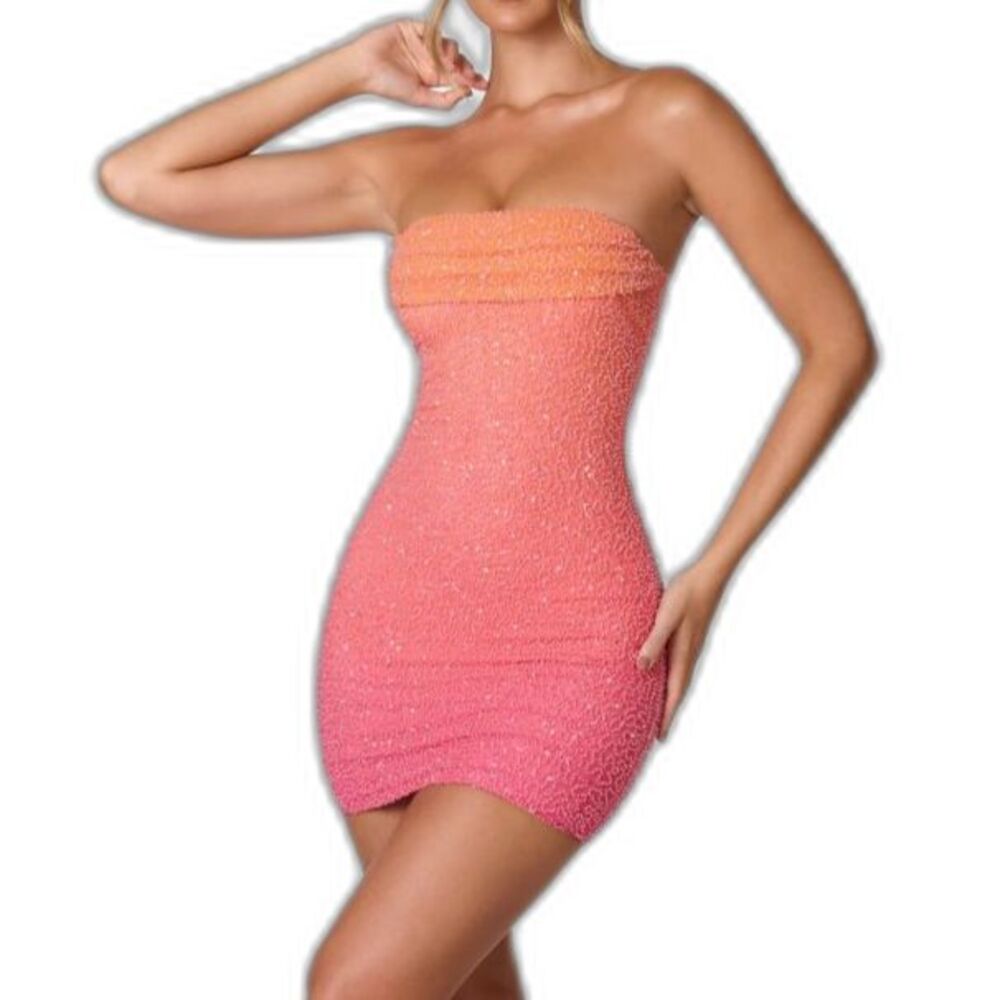 Oh Polly Pink Ombre Embellished Strapless Sparkly Mini Dress